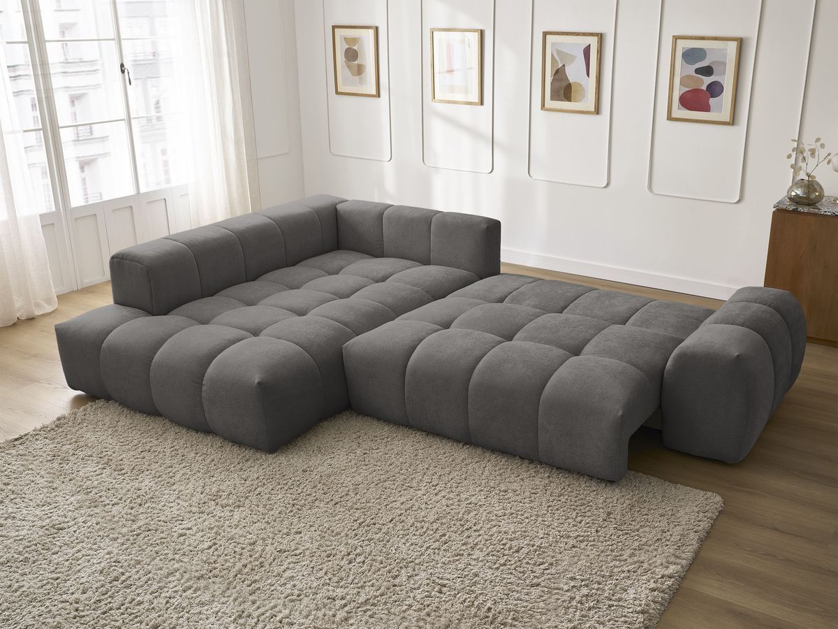 Bobochic Everest Ecksofa mit Schlaffunktion und Bettkasten 320 × 212 cm, 5 Kissen Strukturstoff Dunkelgrau Ecke links