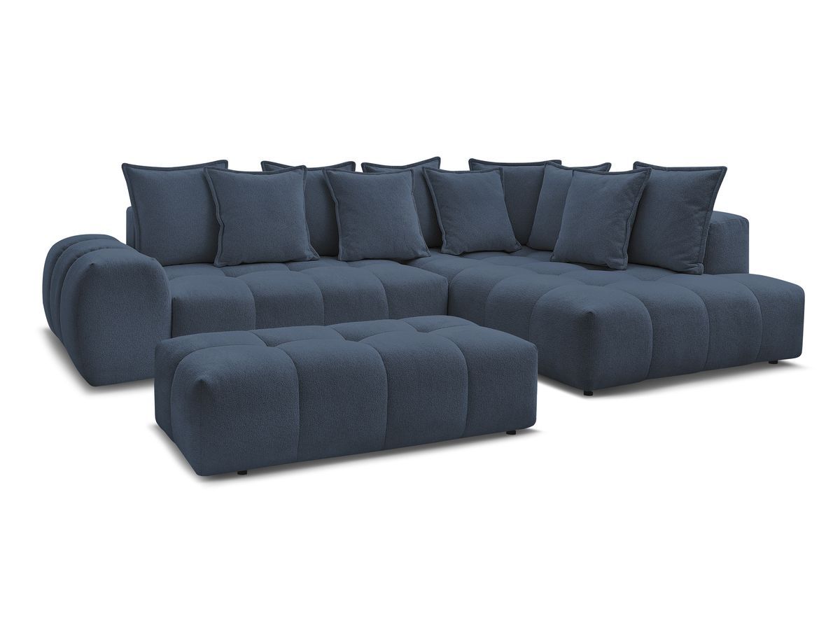 Bobochic Everest Ecksofa mit Schlaffunktion und Bettkasten und Pouf 320 × 212 cm, 10 Kissen Melange-Stoff Dunkelblau Ecke rechts