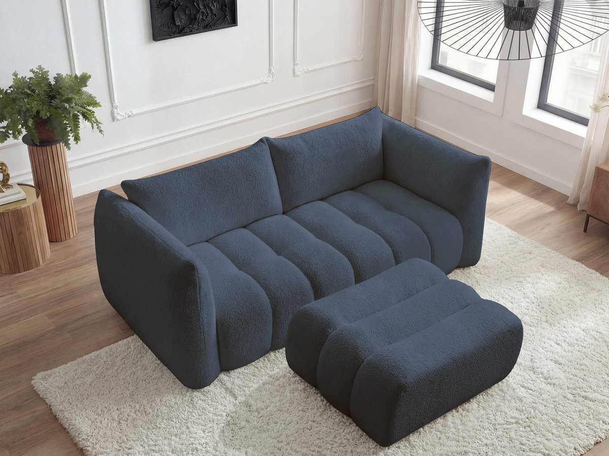 Bobochic Azra Sofa 3-Sitzer mit Pouf Bouclé-Stoff Dunkelblau