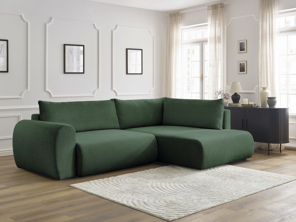 Bobochic Lucien Ecksofa mit Schlaffunktion und Bettkasten 296 × 198 cm Stoff Grün Ecke rechts