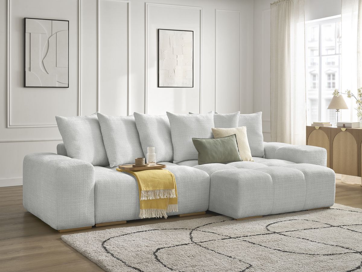 Bobochic Anakin Ecksofa mit Schlaffunktion und Bettkasten, 6 Kissen Strukturstoff Hellgrau
