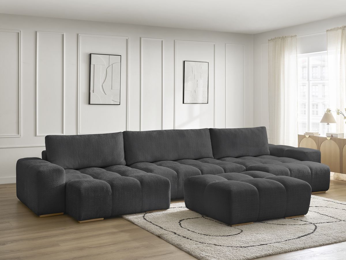 Bobochic Anakin Wohnlandschaft mit Pouf, 3 Kissen Strukturstoff Schwarz