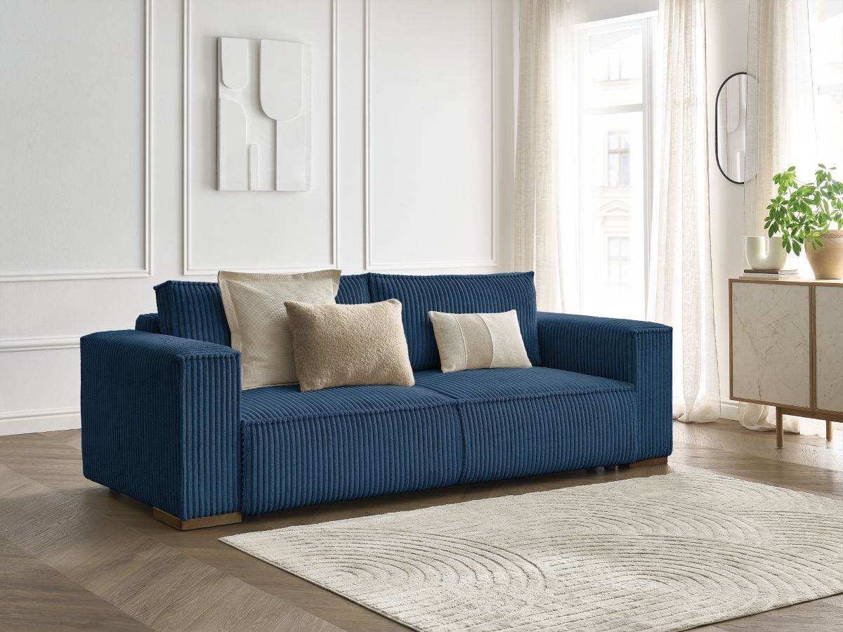 Bobochic Chelsea Schlafsofa 3-Sitzer mit Bettkasten Breitcord weich Dunkelblau