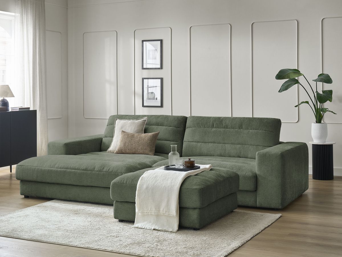 Bobochic Sierra Ecksofa mit Pouf Strukturstoff Dunkelgrün Ecke links