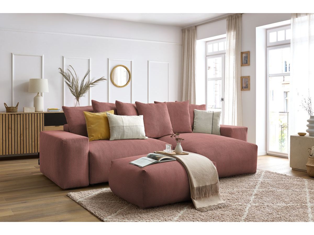 Bobochic Voltaire Ecksofa mit Schlaffunktion und Bettkasten und Pouf Cordsamt Rosa