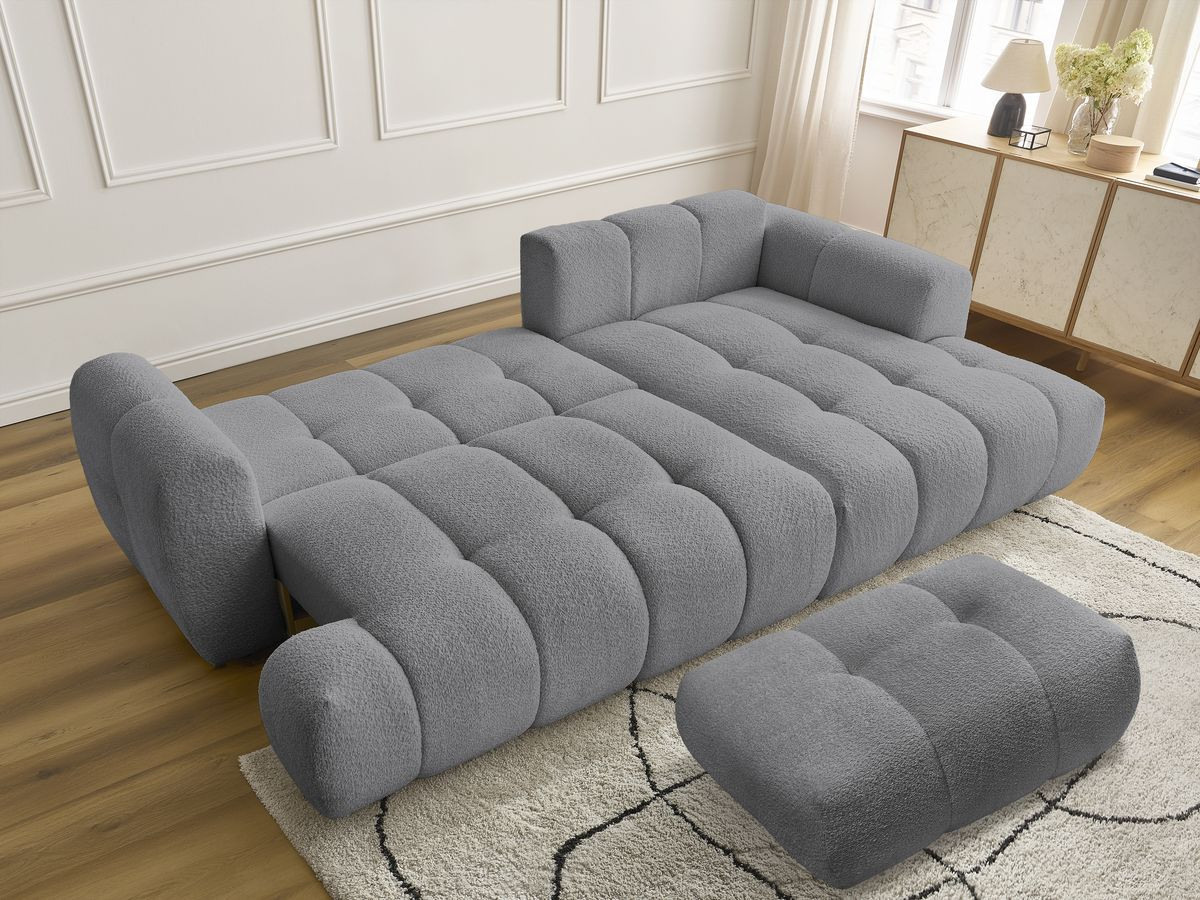 Bobochic Fuji Ecksofa mit Schlaffunktion und Bettkasten und Pouf 292 × 160 cm Bouclé-Stoff Dunkelgrau Ecke rechts
