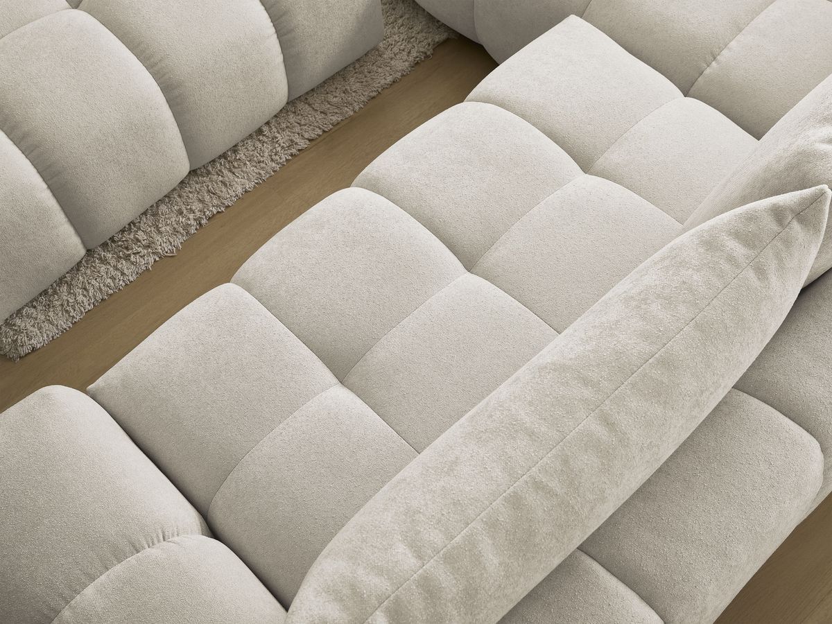 Bobochic Everest Ecksofa mit Schlaffunktion und Bettkasten und Pouf 320 × 212 cm, 5 Kissen Strukturstoff Beige Ecke links