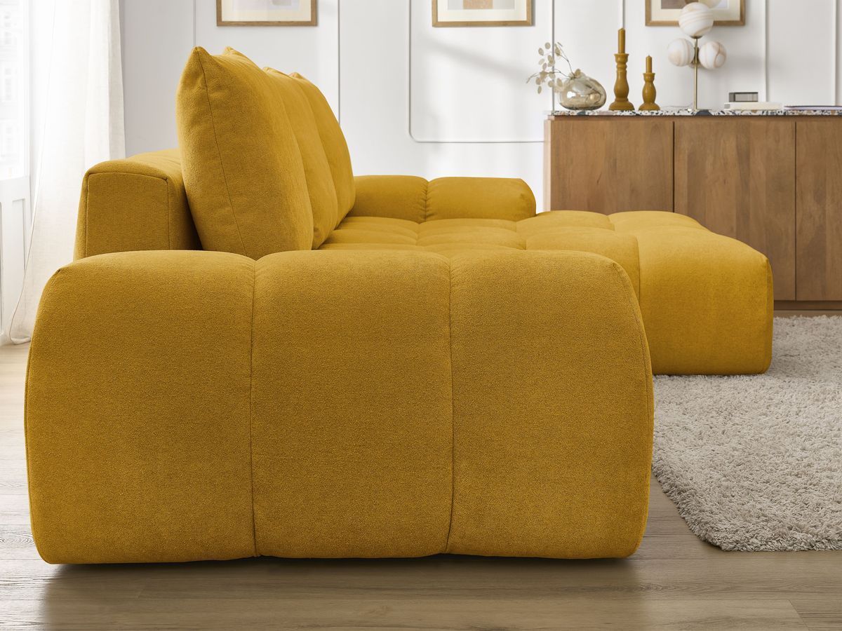Bobochic Everest Ecksofa mit Schlaffunktion und Bettkasten 318 × 180 cm, 3 Kissen Strukturstoff Gelb Ecke rechts