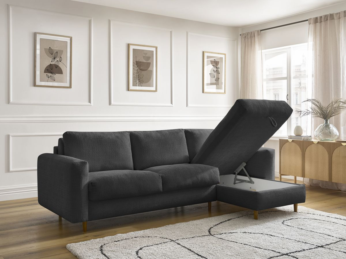 Bobochic Cocoone Ecksofa mit Schlaffunktion und Bettkasten Strukturstoff Schwarz, Liegefläche 140 × 200 cm
