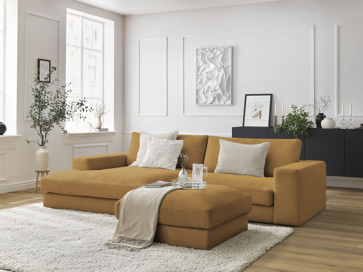 Bobochic Leonard Ecksofa mit Pouf 274 × 159 cm Cordsamt Gelb Ecke links