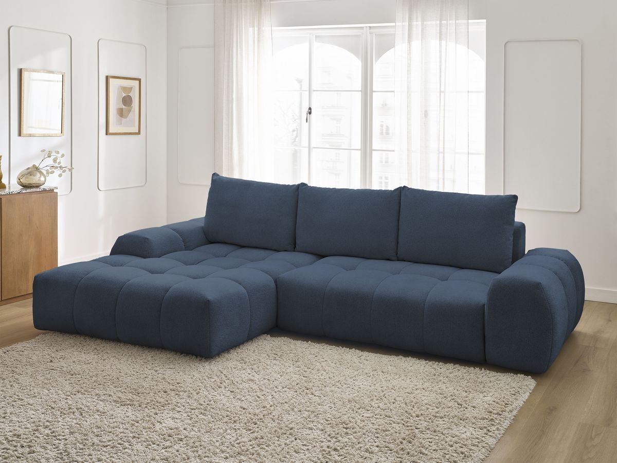 Bobochic Everest Ecksofa mit Schlaffunktion und Bettkasten 318 × 180 cm, 3 Kissen Melange-Stoff Dunkelblau Ecke links