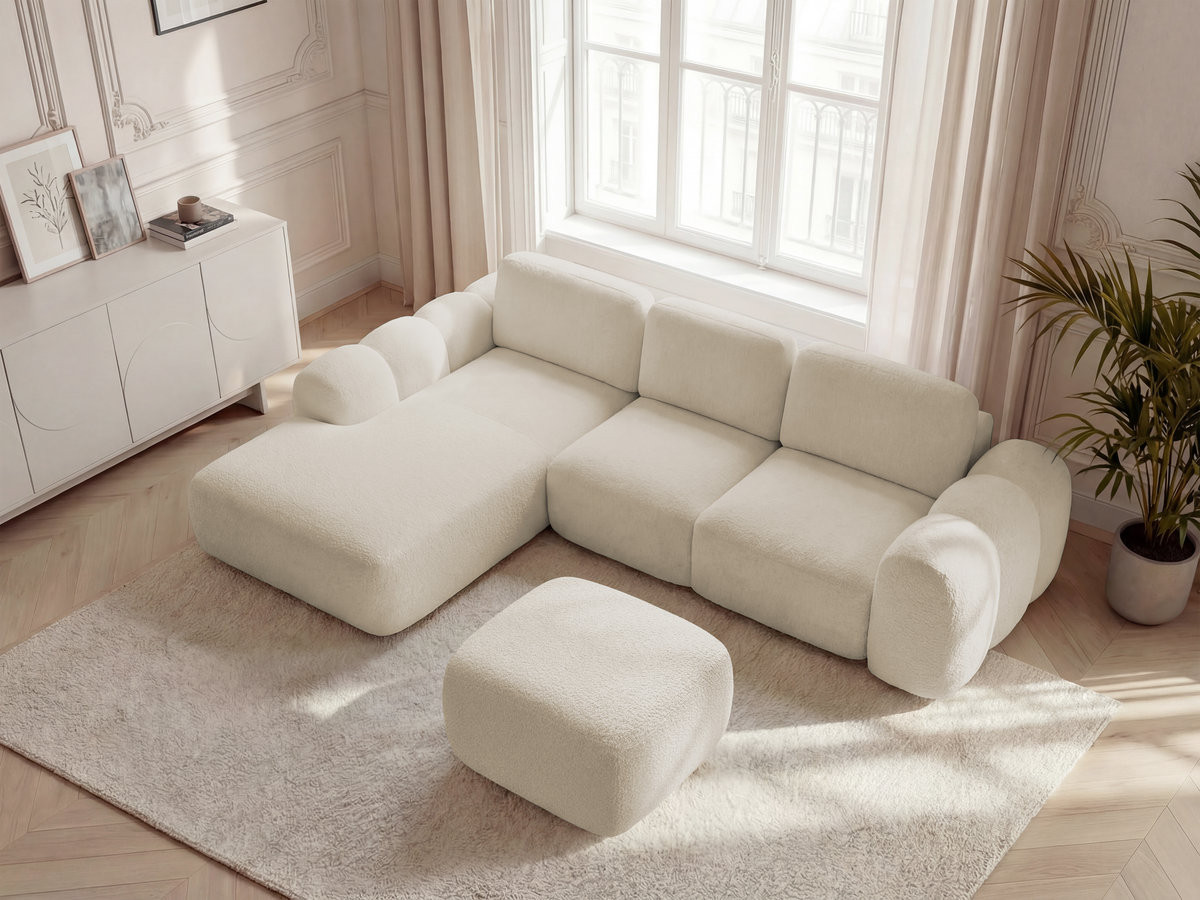 Bobochic Montaigne Ecksofa mit Schlaffunktion und Bettkasten und Pouf 288 × 196 cm Bouclé-Stoff Beige Ecke links