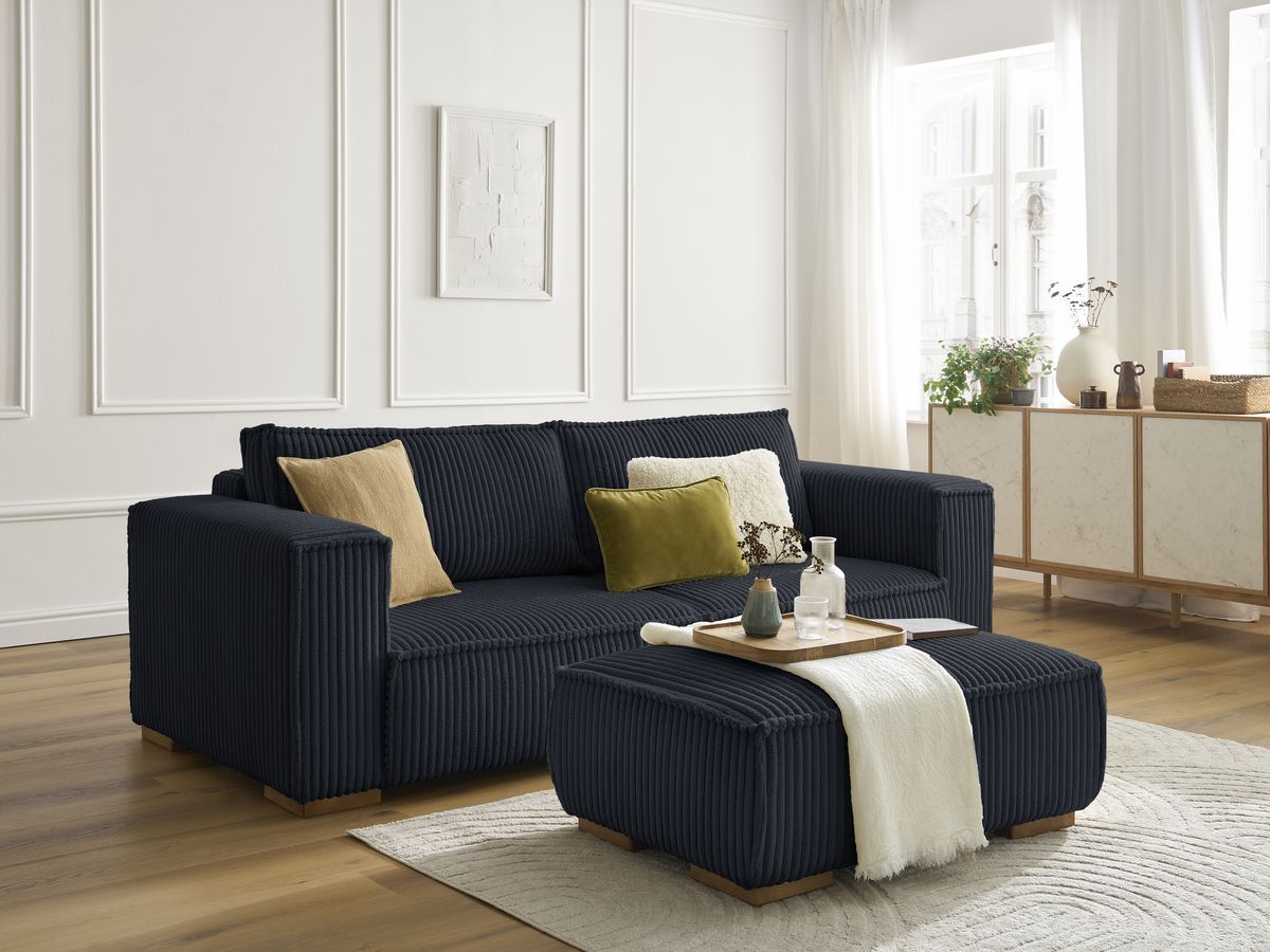 Bobochic Chelsea Sofa 4-Sitzer mit Pouf Breitcord weich Schwarz