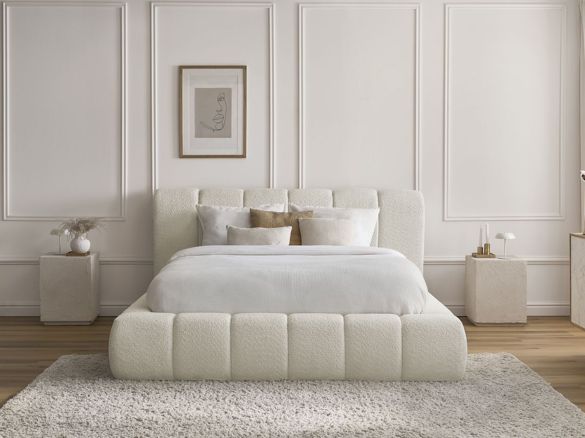 Bobochic Denali Polsterbett mit Bettkasten Bouclé-Stoff Weiß, Liegefläche 140 × 190 cm