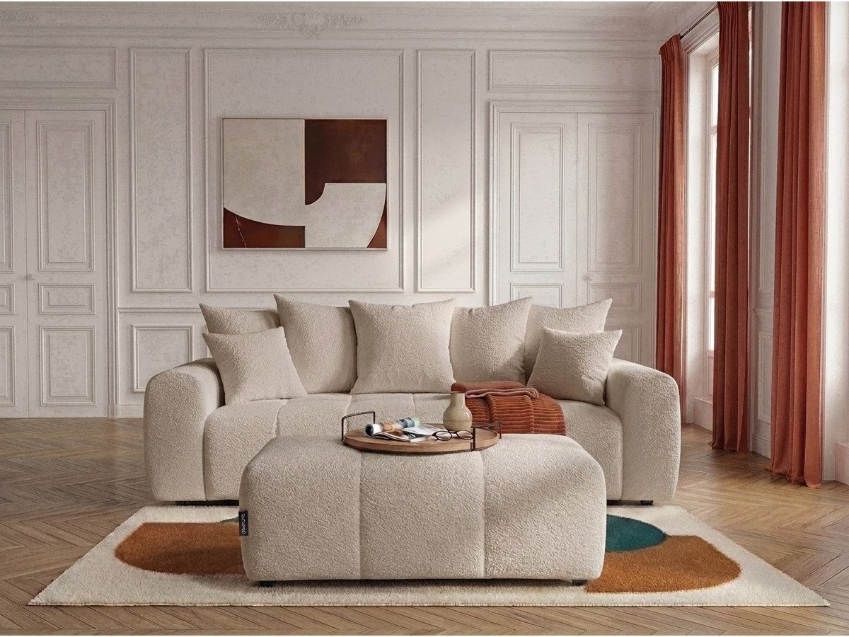 Bobochic Roxelane Schlafsofa 3-Sitzer mit Bettkasten und Pouf Bouclé-Stoff Beige