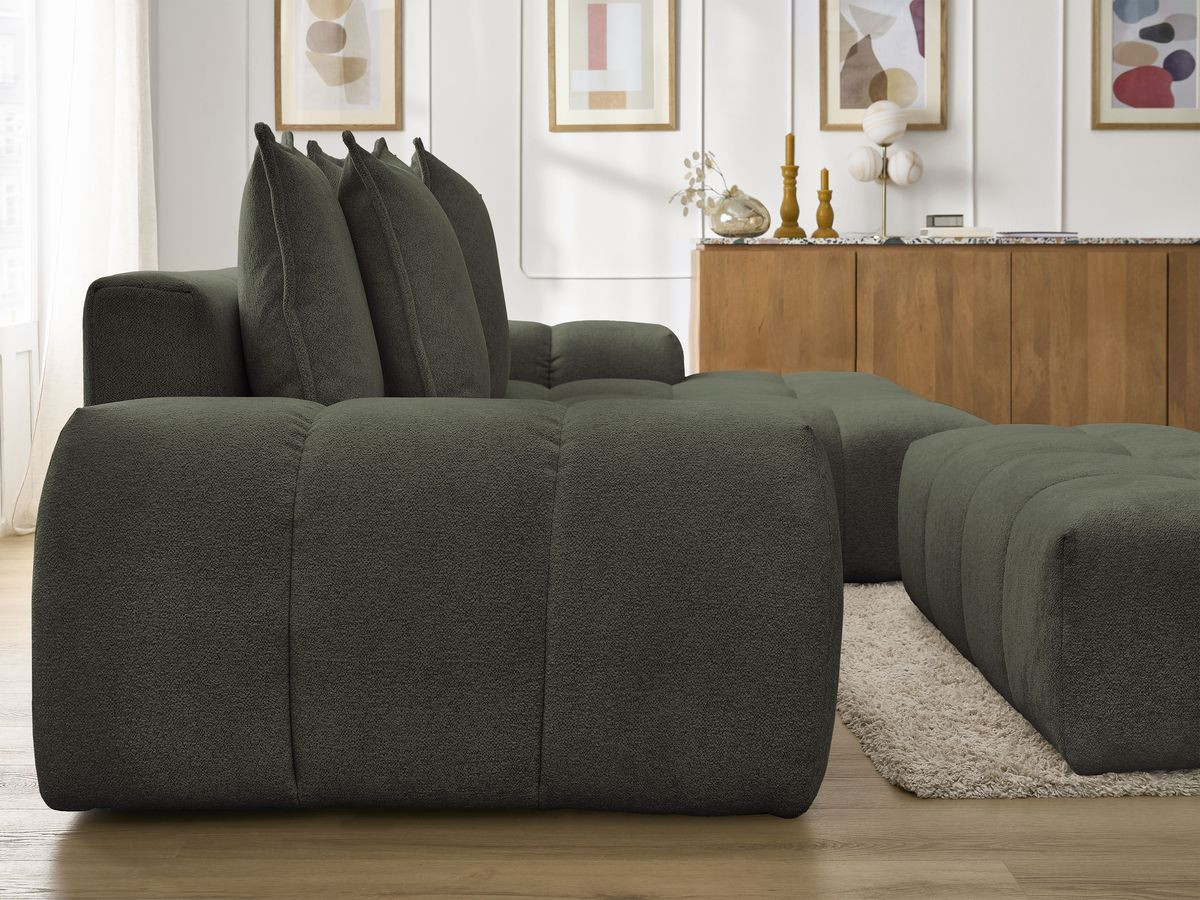 Bobochic Everest Ecksofa mit Schlaffunktion und Bettkasten und Pouf 318 × 180 cm, 7 Kissen Melange-Stoff Grün Ecke rechts