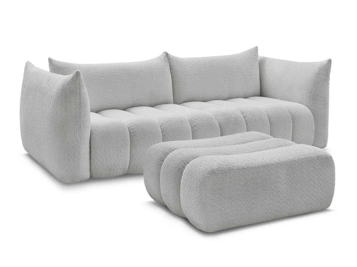 Bobochic Azra Sofa 4-Sitzer mit Pouf Bouclé-Stoff Hellgrau