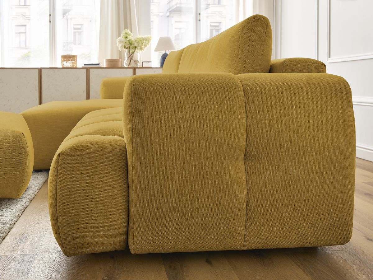 Bobochic Fuji Ecksofa mit Schlaffunktion und Bettkasten und Pouf 292 × 160 cm Stoff Gelb Ecke links