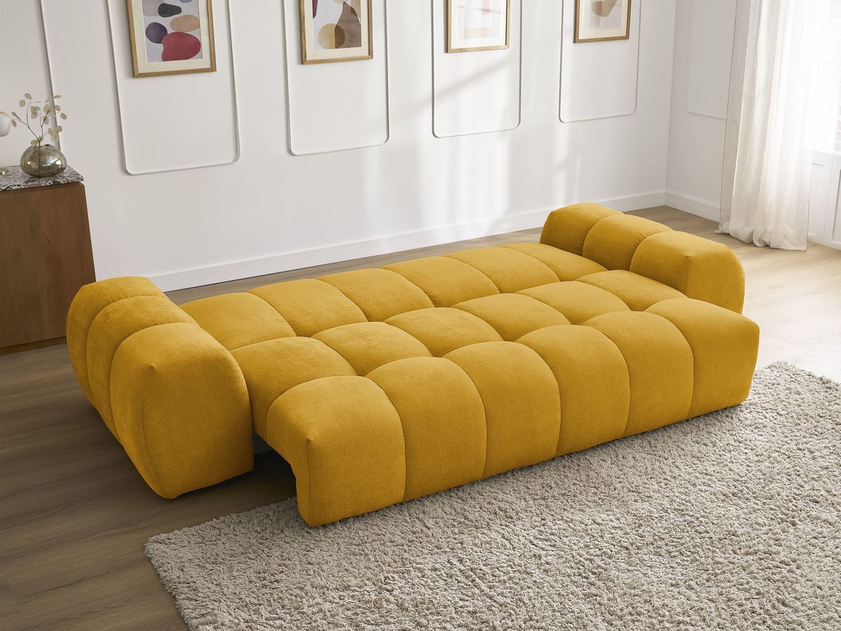 Bobochic Everest Schlafsofa 3-Sitzer mit Bettkasten, 5 Kissen Strukturstoff Gelb