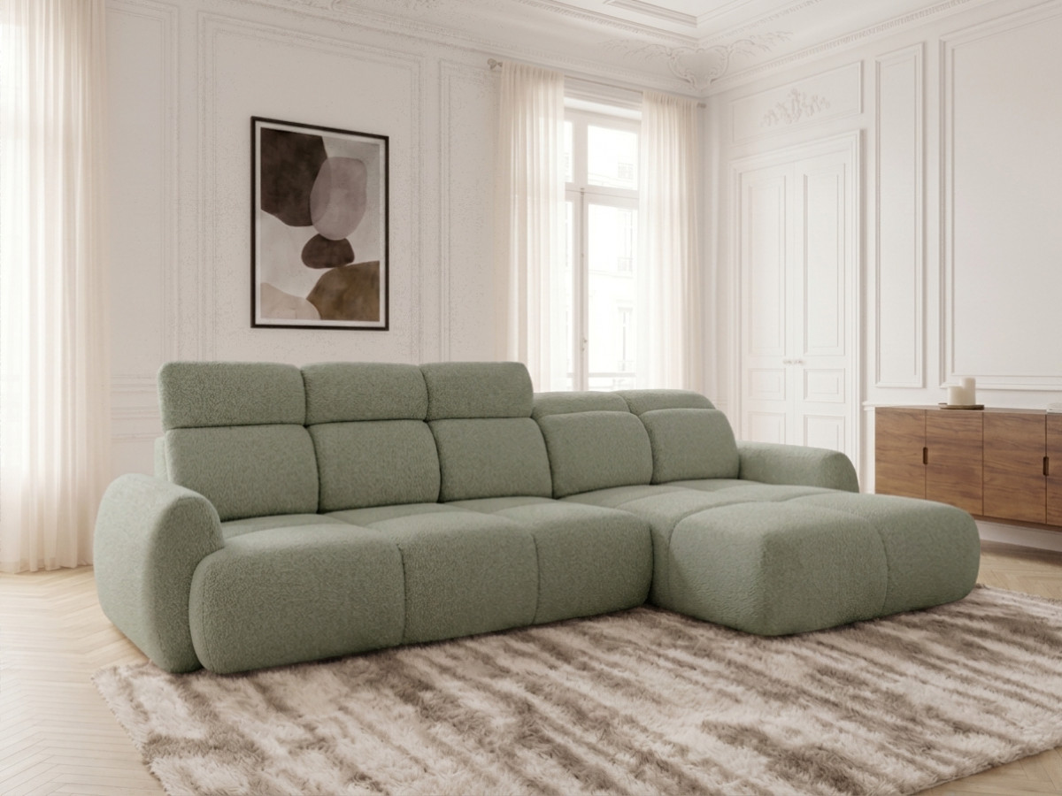 Bobochic Ruby Ecksofa mit Schlaffunktion und Bettkasten Chenille Grün Ecke rechts