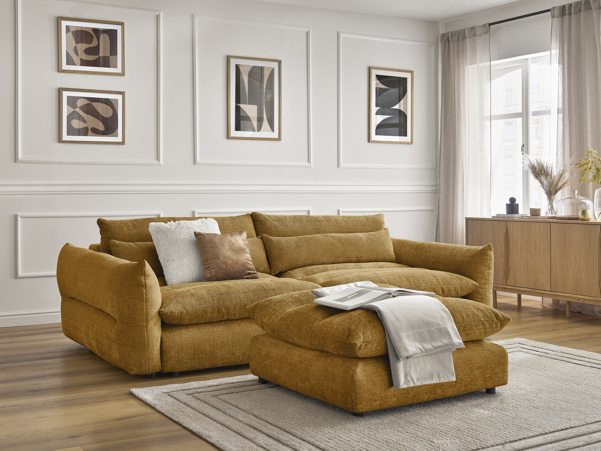 Bobochic Neil Sofa 3-Sitzer mit Pouf Strukturstoff Gelb
