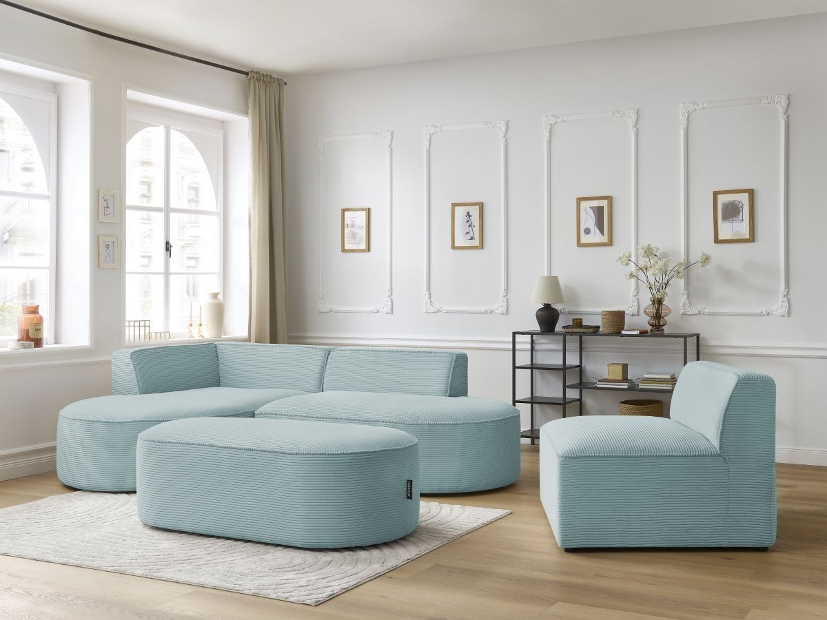 Bobochic Rousseau Ecksofa mit Sofamodul und Pouf Cordsamt Hellblau Ecke links