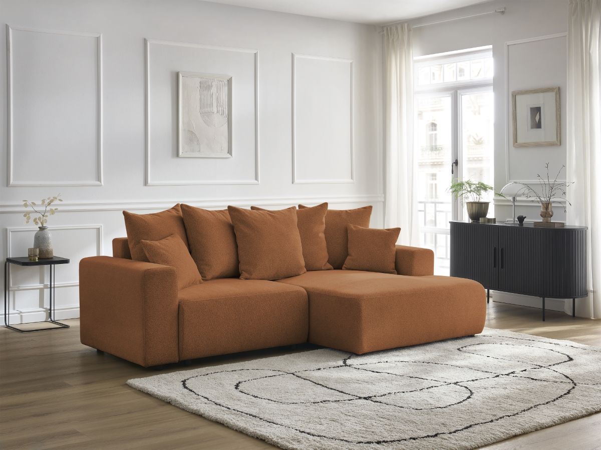 Bobochic Atilla Ecksofa mit Schlaffunktion und Bettkasten Melange-Stoff Orange Ecke rechts