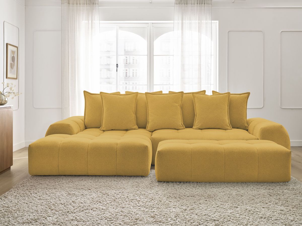 Bobochic Everest Ecksofa mit Schlaffunktion und Bettkasten und Pouf 318 × 180 cm, 7 Kissen Melange-Stoff Gelb Ecke links