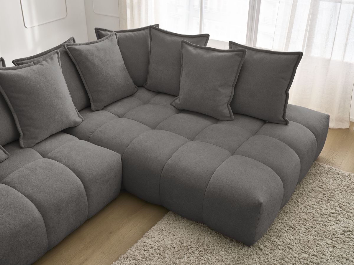 Bobochic Everest Ecksofa mit Schlaffunktion und Bettkasten 320 × 212 cm, 10 Kissen Strukturstoff Dunkelgrau Ecke rechts