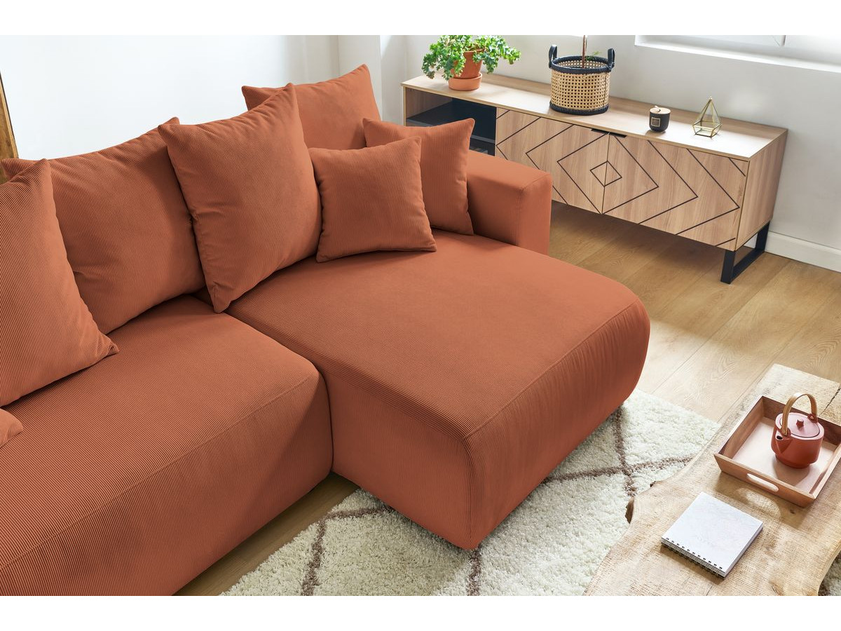 Bobochic Envy Ecksofa mit Schlaffunktion und Bettkasten und Pouf Cordsamt Orange
