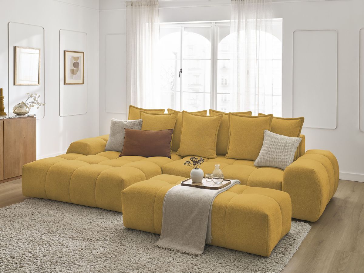 Bobochic Everest Ecksofa mit Schlaffunktion und Bettkasten und Pouf 318 × 180 cm, 7 Kissen Melange-Stoff Gelb Ecke links