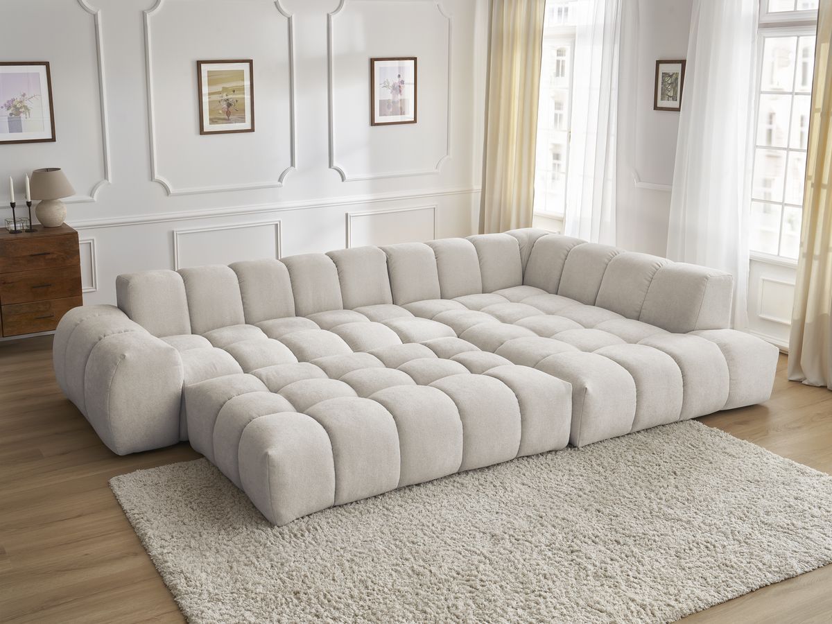 Bobochic Everest Ecksofa mit Schlaffunktion und Pouf, 4 Kissen Strukturstoff Beige Ecke rechts
