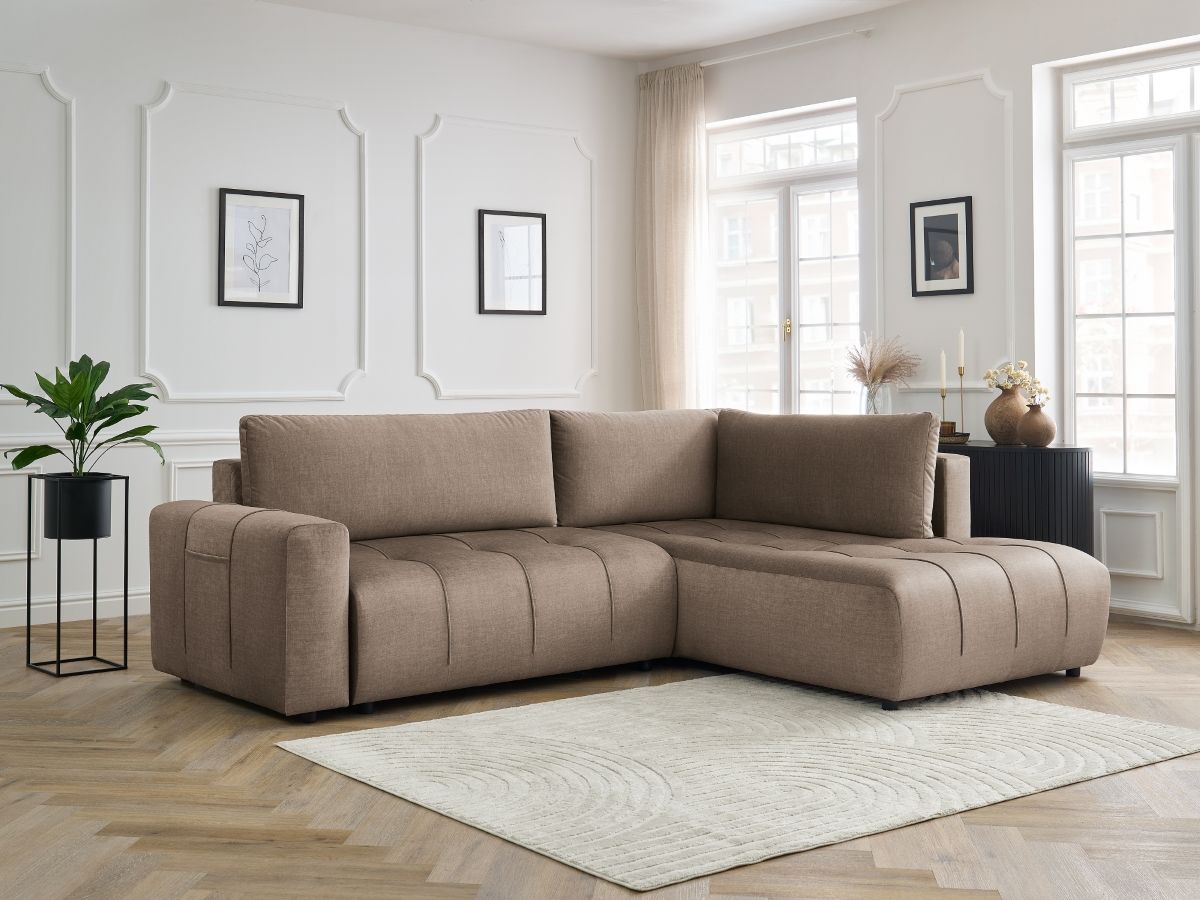 Bobochic Arsene Ecksofa mit Schlaffunktion und Bettkasten 277 × 200 cm Samt Taupe Ecke rechts