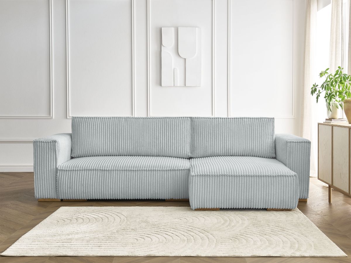 Bobochic Chelsea Ecksofa mit Schlaffunktion und Bettkasten Breitcord weich Hellgrau