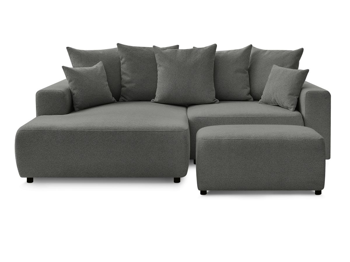 Bobochic Atilla Ecksofa mit Schlaffunktion und Bettkasten und Pouf Melange-Stoff Dunkelgrau Ecke links