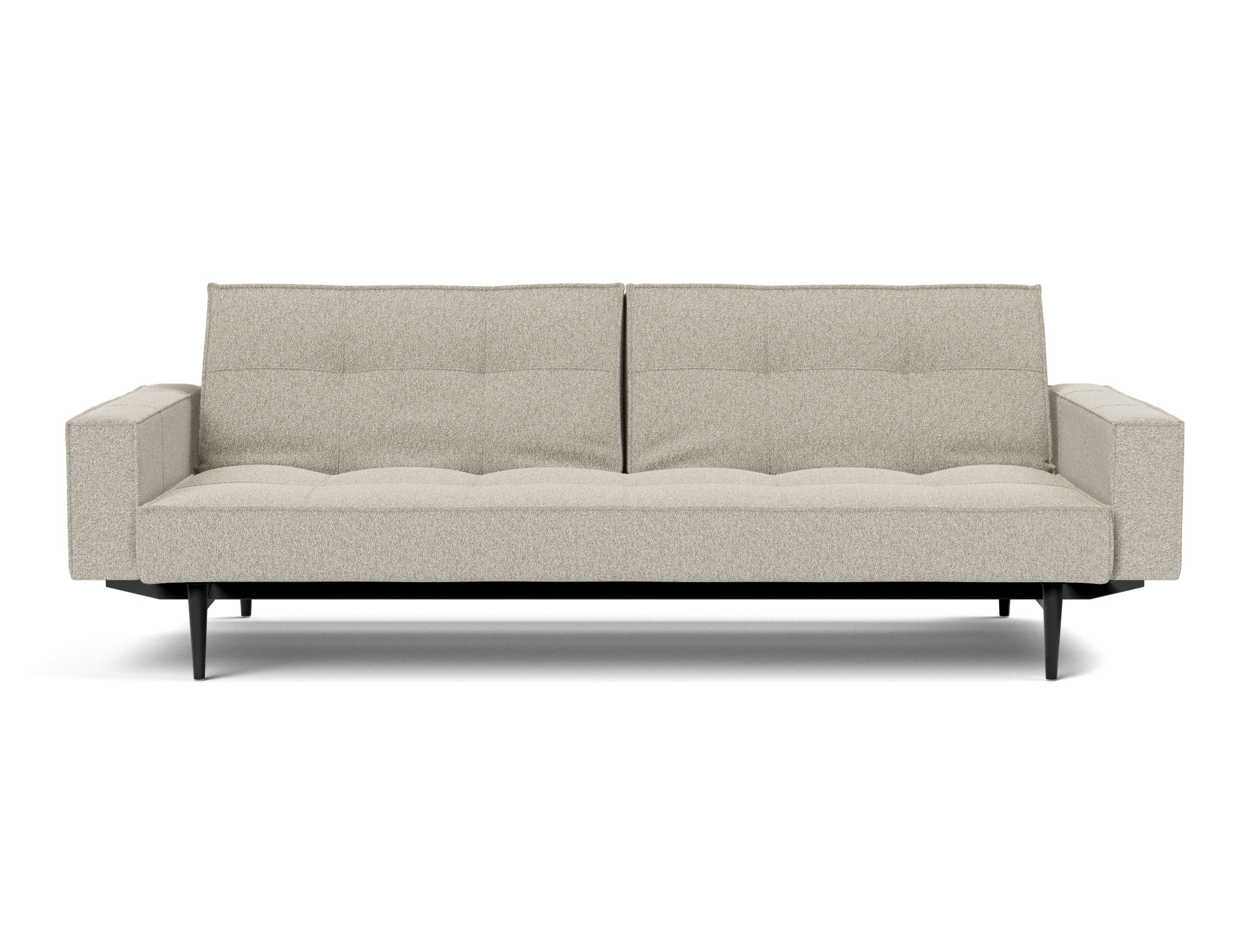 Schlafsofa Splitback mit Armlehnen Boucle Skandi 539-Beige Beine Styletto Eiche schwarz