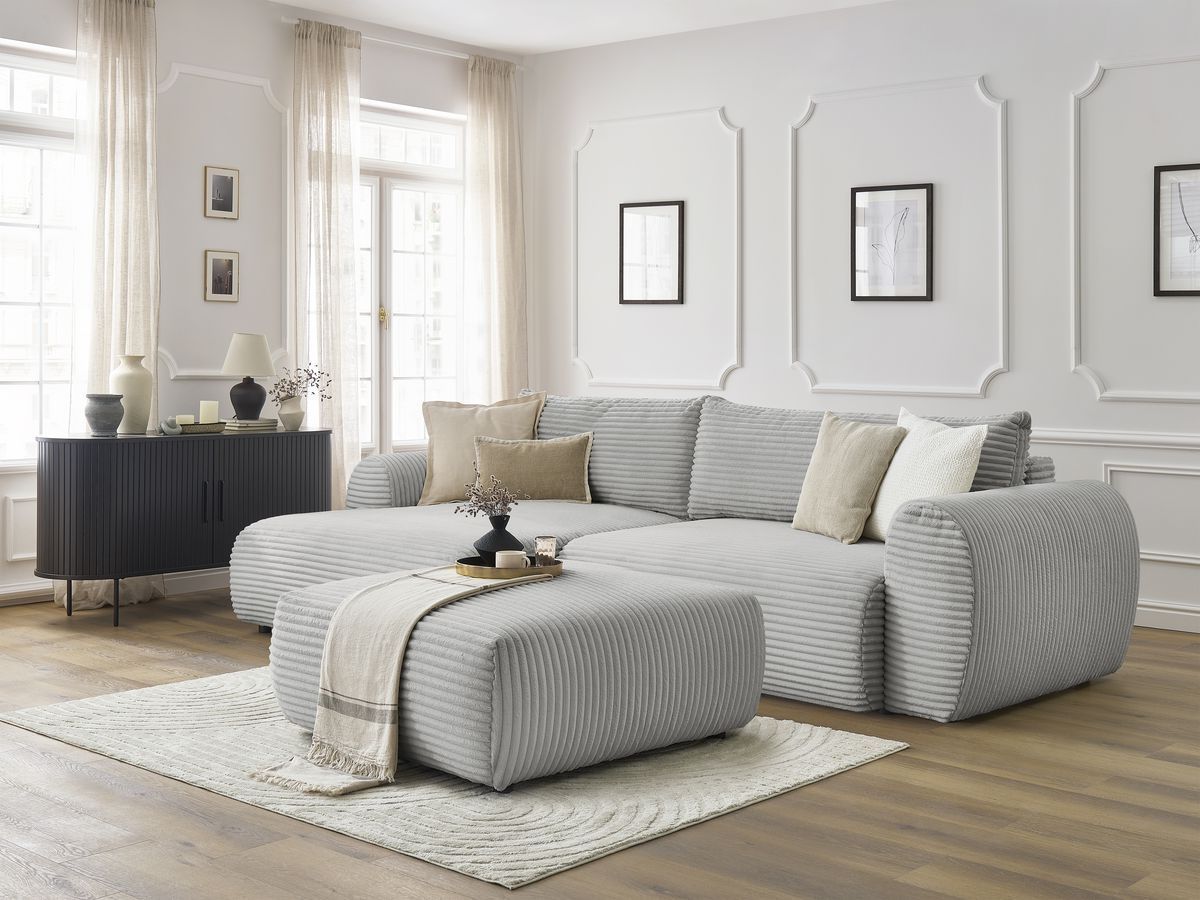 Bobochic Lucien Ecksofa mit Schlaffunktion und Bettkasten und Pouf 314 × 167 cm Breitcord weich Hellgrau Ecke links