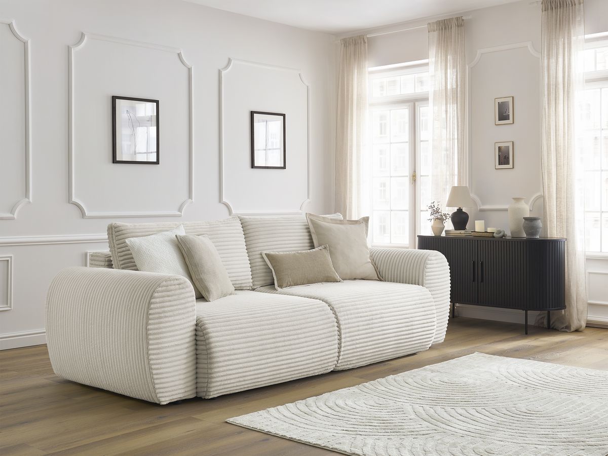 Bobochic Lucien Schlafsofa 3-Sitzer mit Bettkasten Breitcord weich Beige