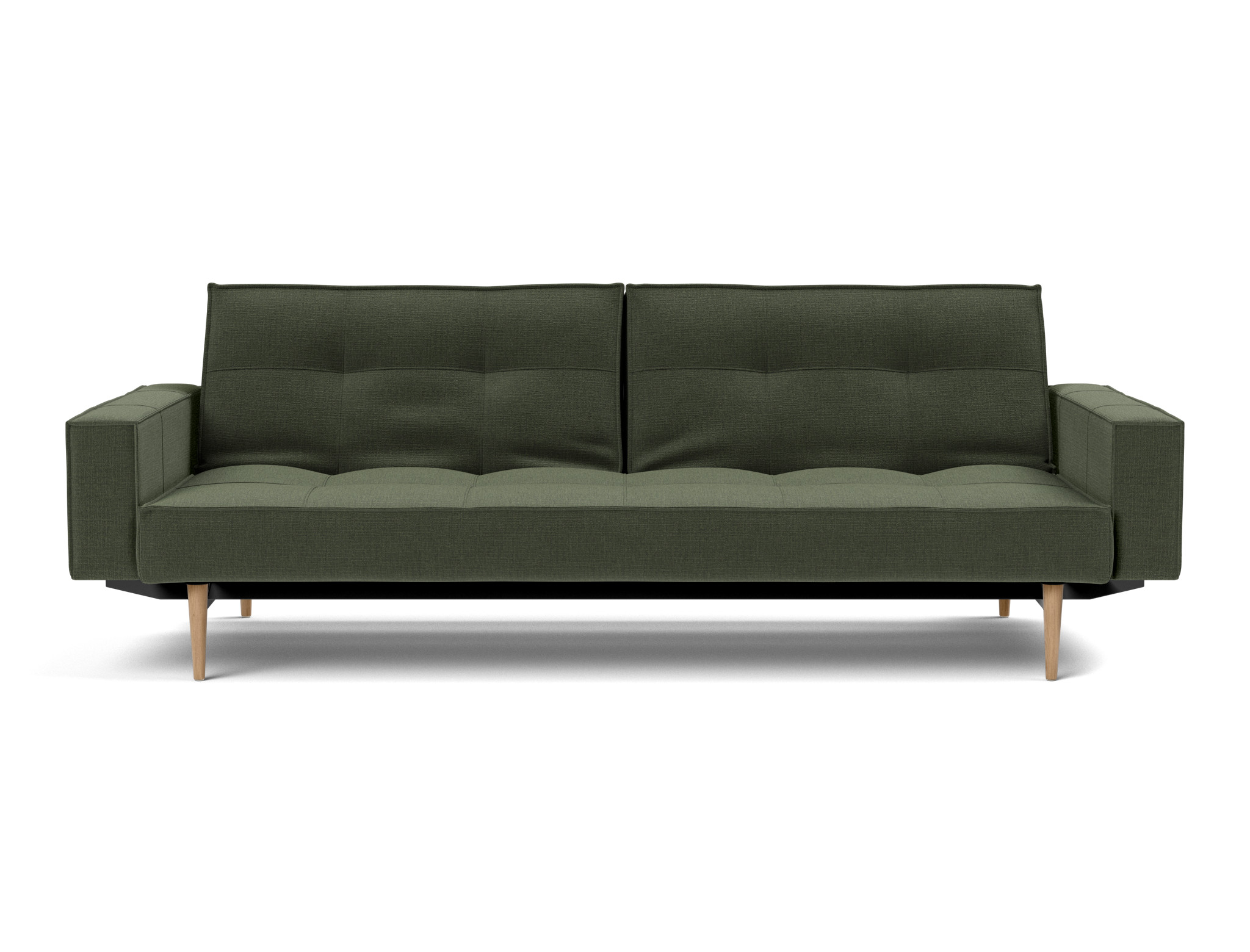 Schlafsofa Splitback mit Armlehnen Chenille Esina 413-Olive-Green Beine Styletto Eiche hell