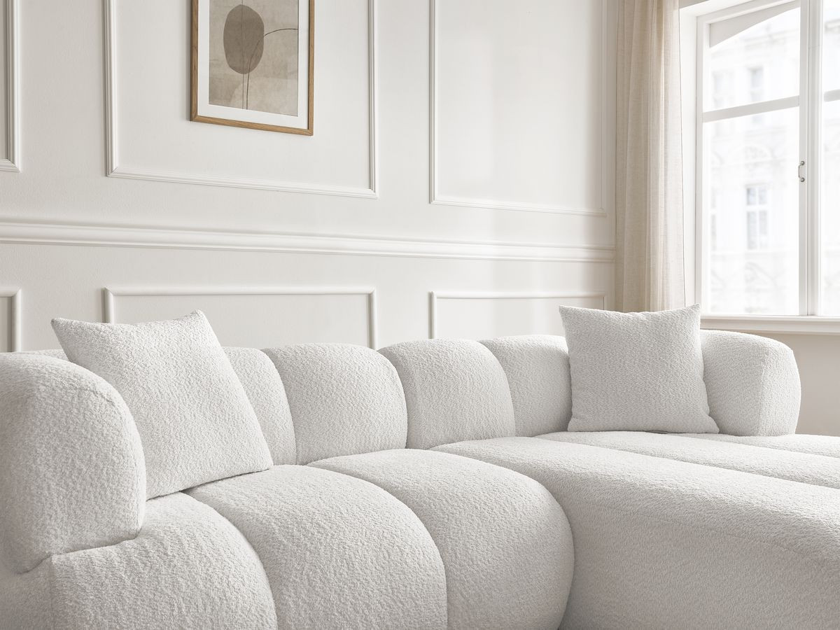 Bobochic Pamira Ecksofa mit Pouf Bouclé-Stoff Weiß Ecke rechts