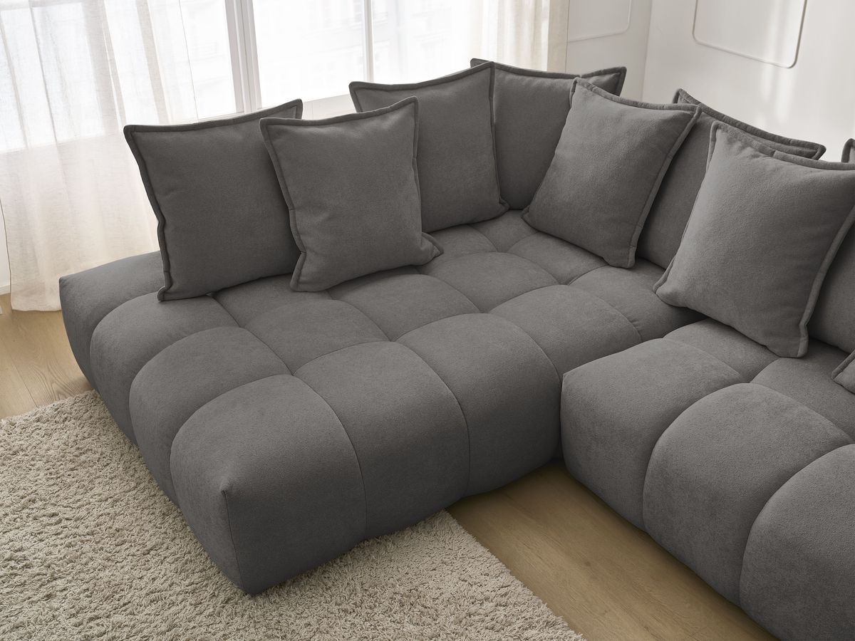 Bobochic Everest Ecksofa mit Schlaffunktion und Bettkasten 320 × 212 cm, 10 Kissen Strukturstoff Dunkelgrau Ecke links