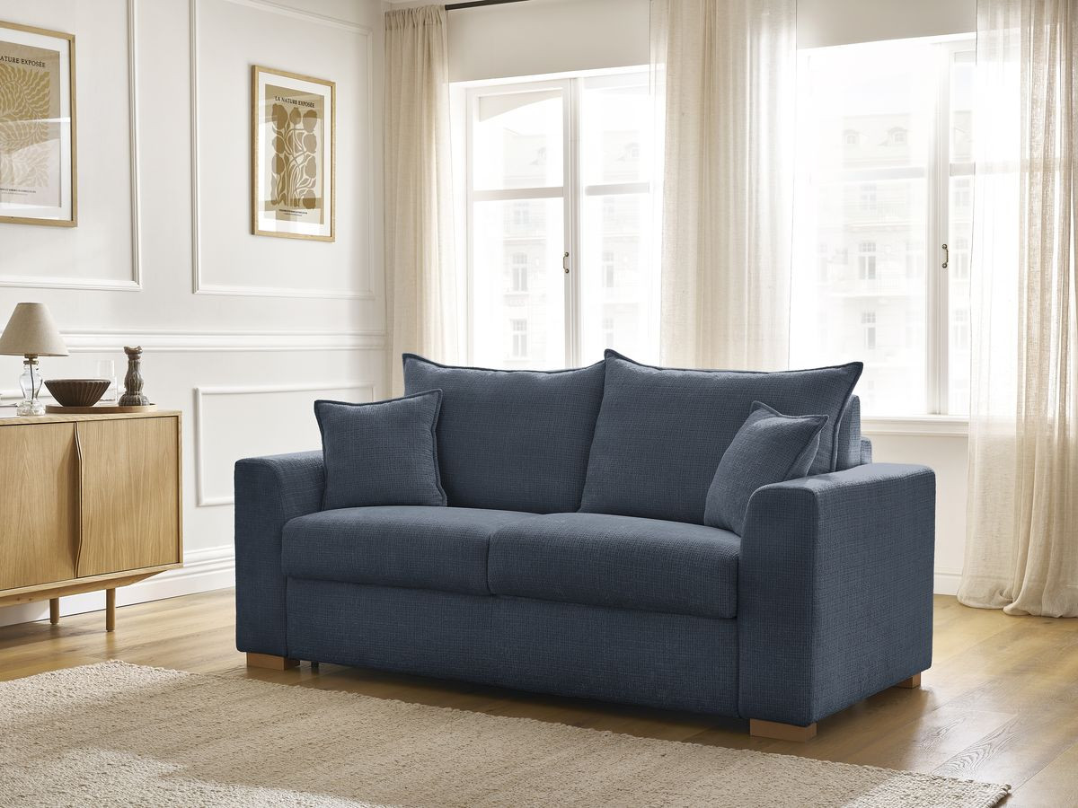 Bobochic Augustin Schlafsofa 3-Sitzer Strukturstoff Dunkelblau, Liegefläche 140 × 200 cm