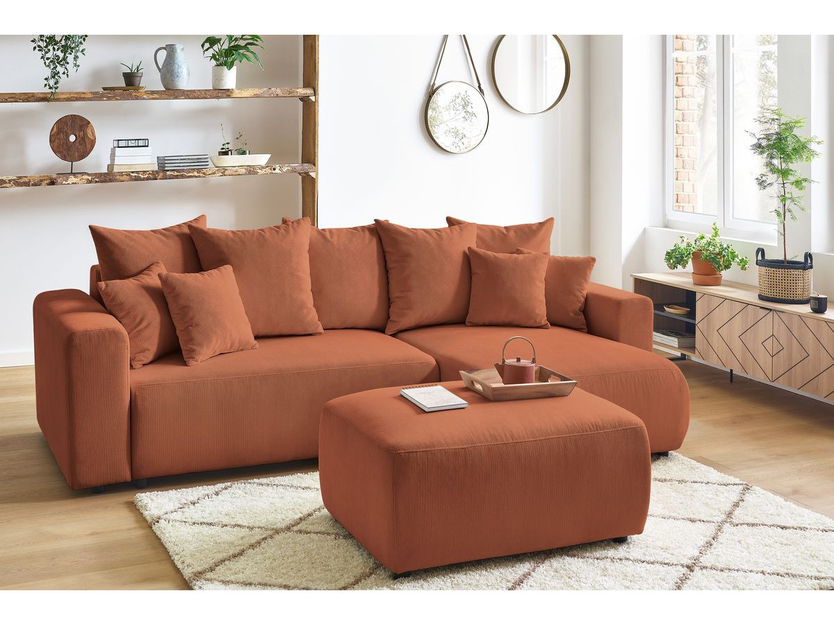 Bobochic Envy Ecksofa mit Schlaffunktion und Bettkasten und Pouf Cordsamt Orange