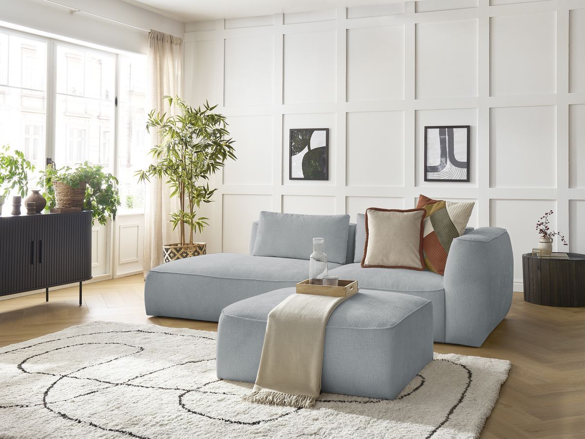 Bobochic Leopold Sofa 4-Sitzer mit Pouf Strukturstoff Hellgrau Armlehne rechts