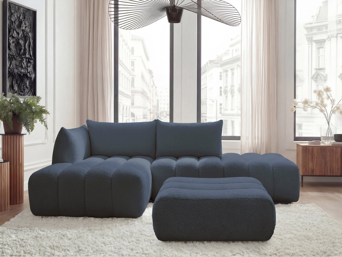 Bobochic Azra Ecksofa mit Pouf 319 × 178 cm Bouclé-Stoff Dunkelblau Ecke links