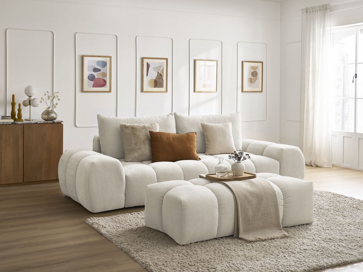 Bobochic Everest Sofa 3-Sitzer mit Pouf, 2 Kissen Strukturstoff Beige