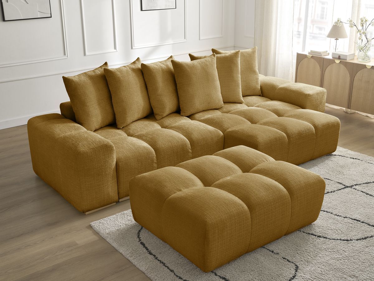 Bobochic Anakin Ecksofa mit Pouf, 6 Kissen Strukturstoff Gelb