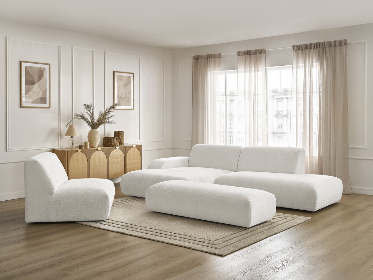 Bobochic Sirius Ecksofa mit Pouf 405 × 170 cm Strukturstoff Weiß Ecke links