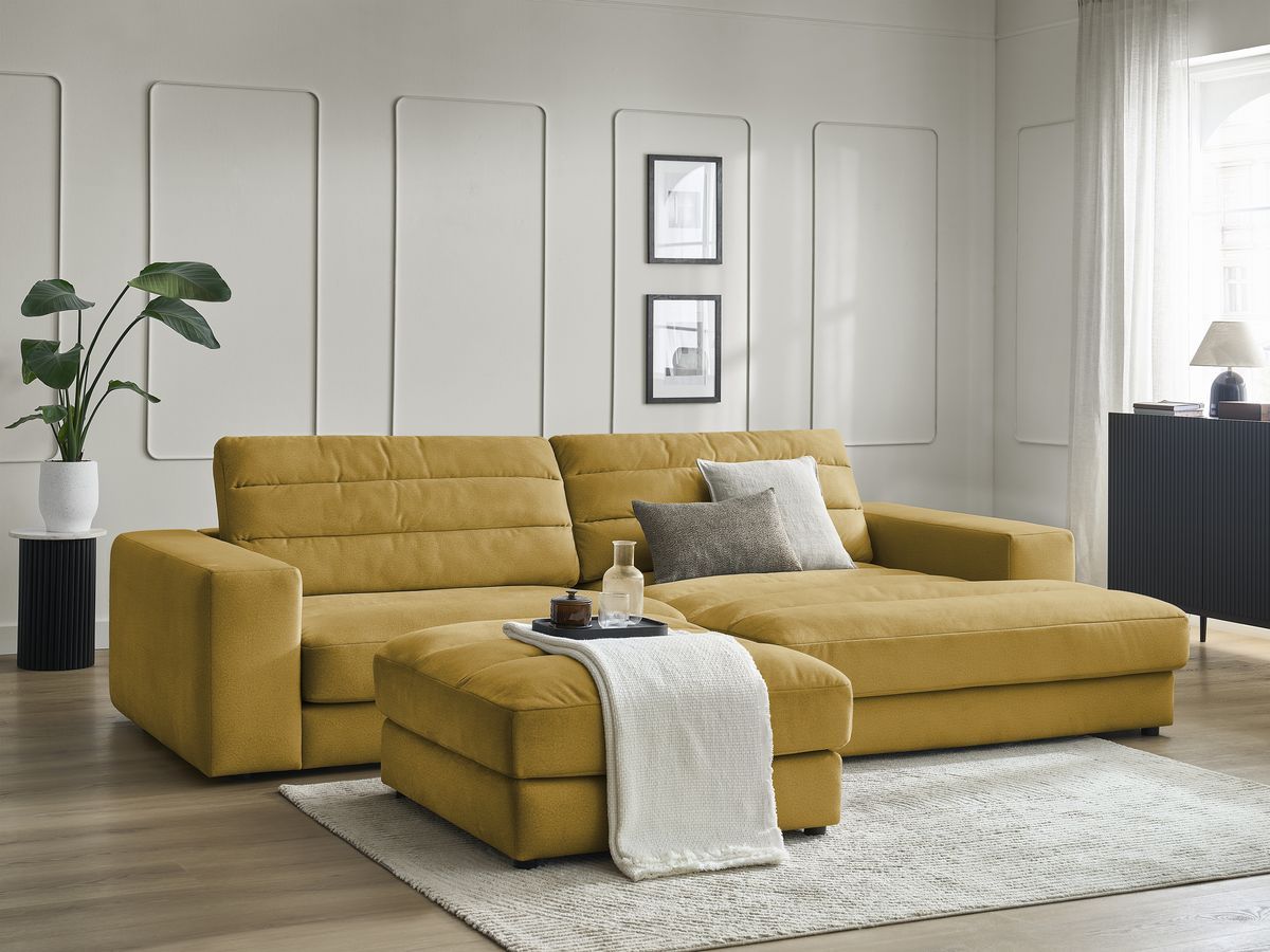 Bobochic Sierra Ecksofa mit Pouf Samt Gelb Ecke rechts