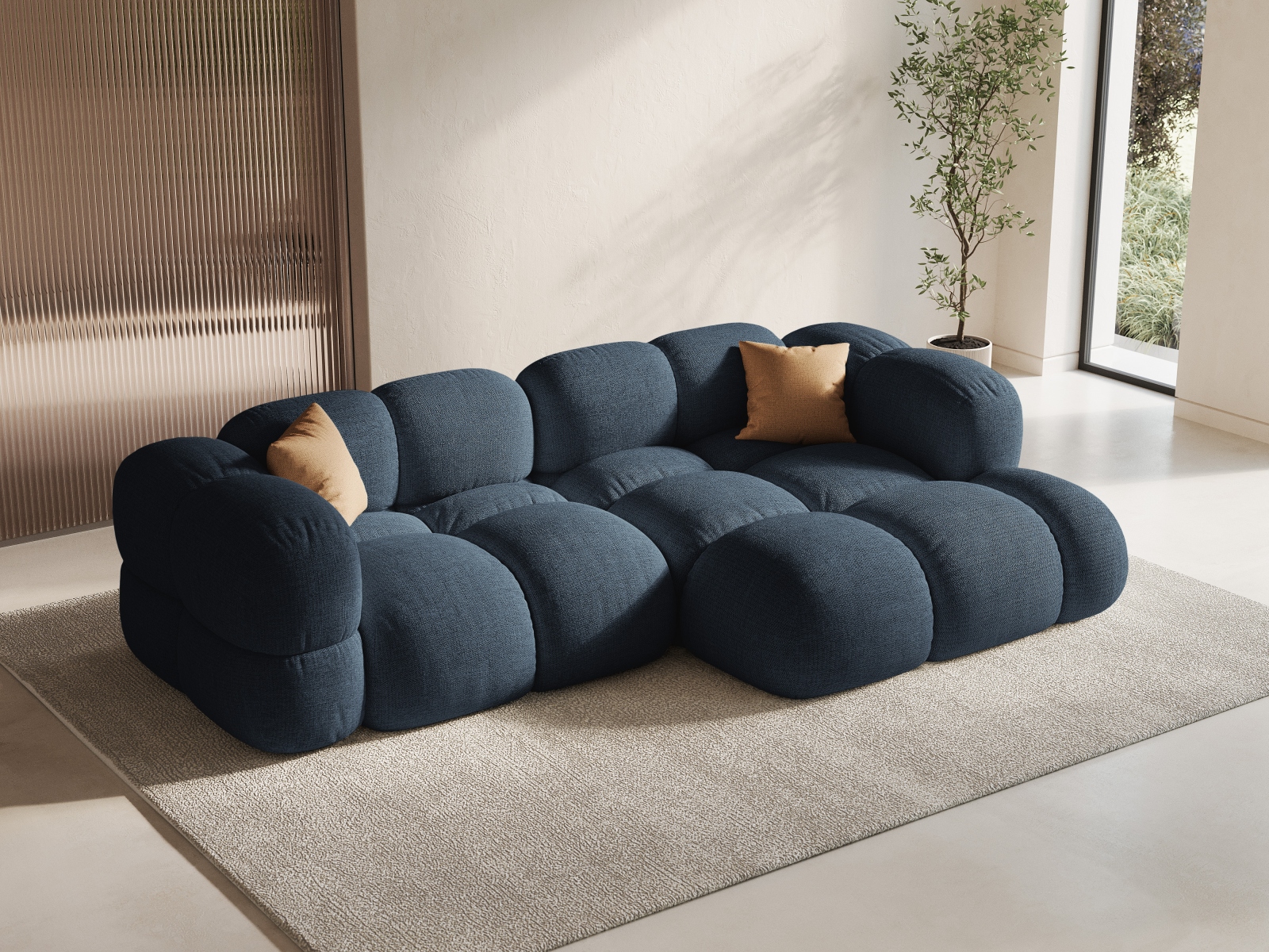 Cosmopolitan Design Ecksofa Loretto 3-Sitzer Strukturierter Stoff Sorella Dunkelblau Rechts